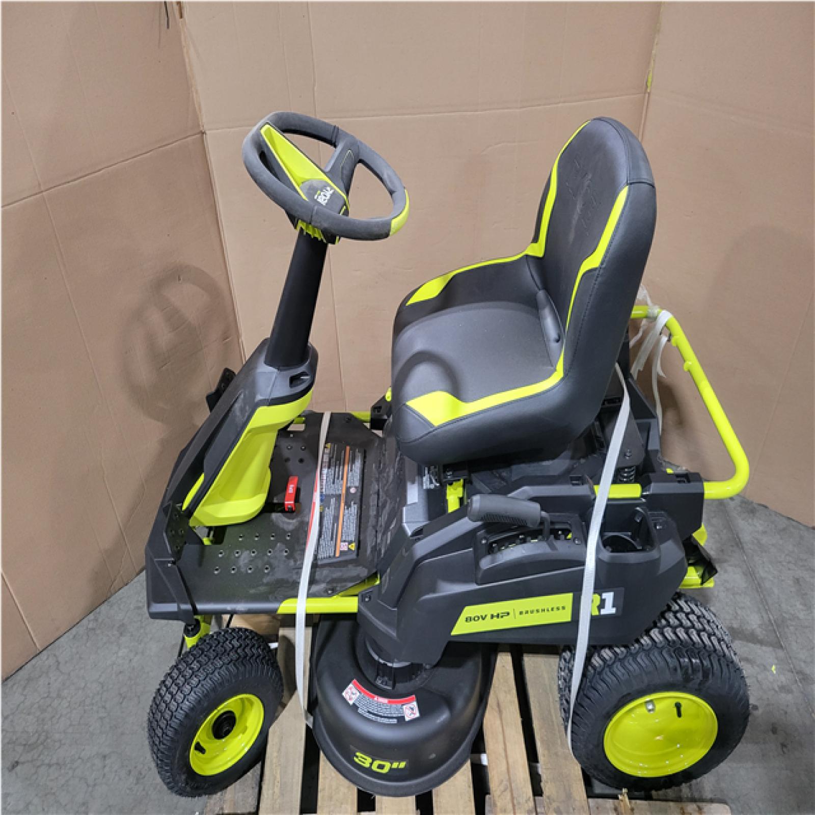 CALIFORNIA AS-IS RYOBI 80V BRUSHLESS R1 30 ELETRIC SIT DOWN LAWN MOWER