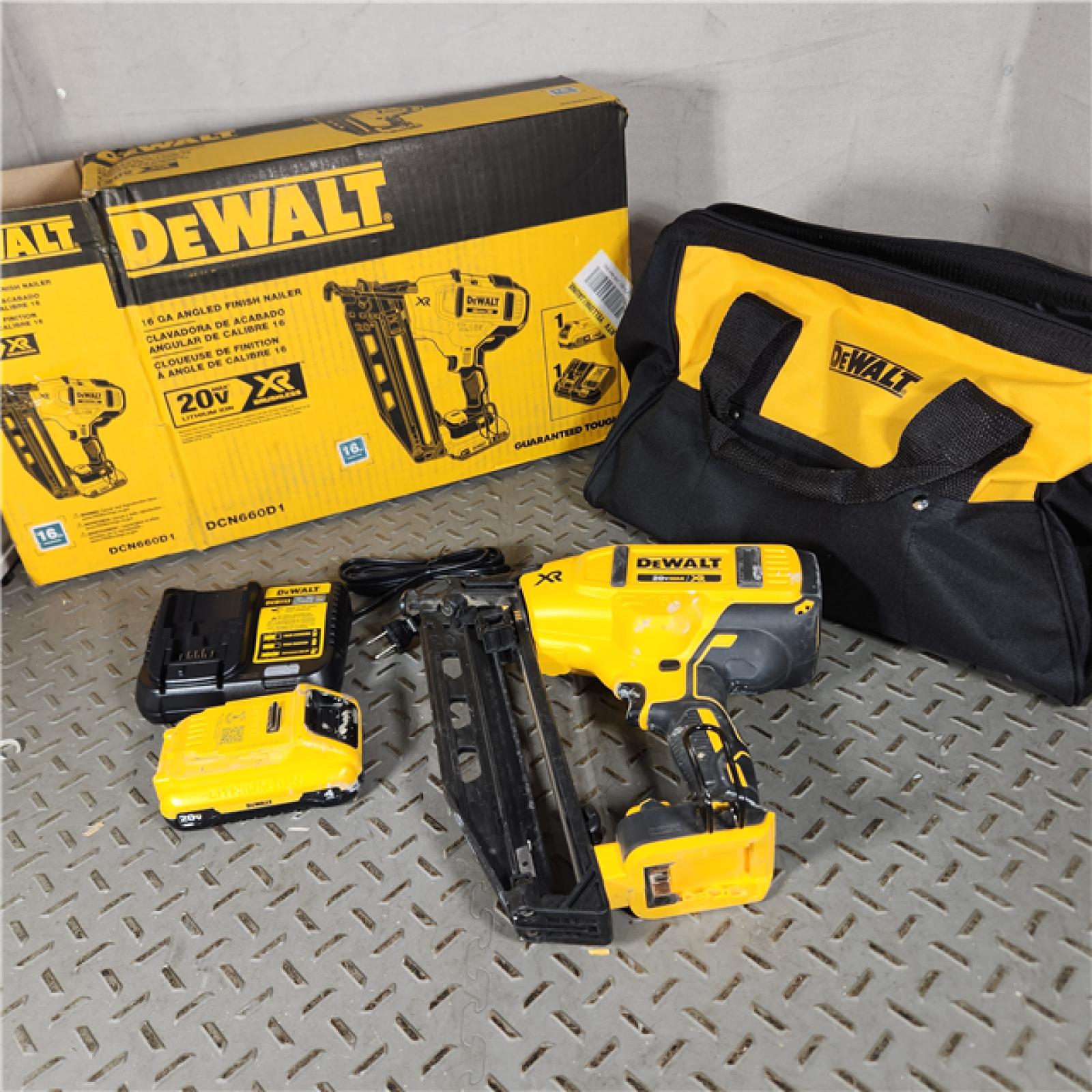 Houston Location - AS-IS DeWalt DCN660D1 20V 16 Gauge Cordless Angled Finish Nailer Kit W/ 2Ah Battery - Appears IN LIKE NEW Condition