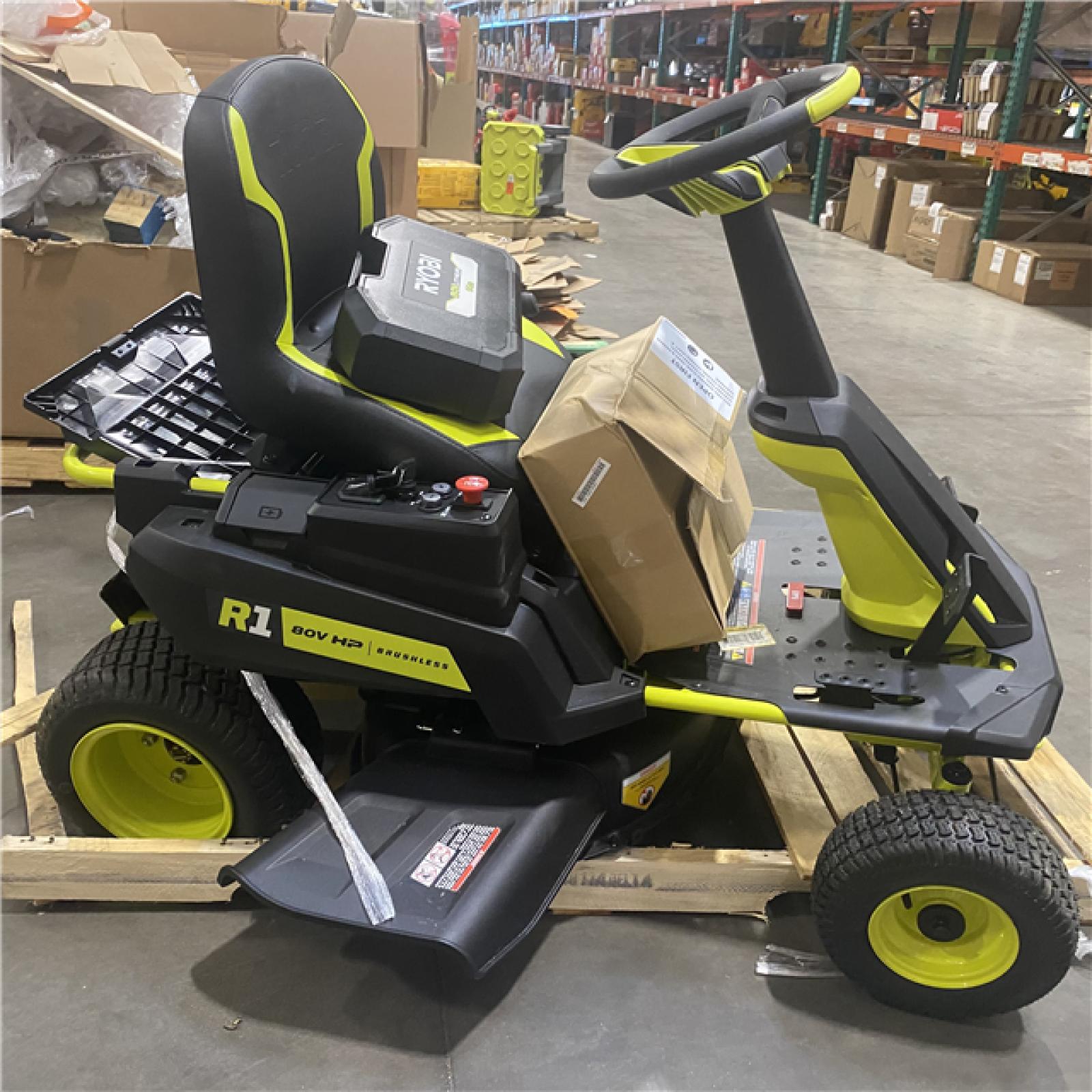 Dallas Location - As-Is Shop RYOBI R1 80V HP Brushless Lithium Battery Cordless Electric 30 in. Riding Lawn Mower with 14 Ah Battery and Charger