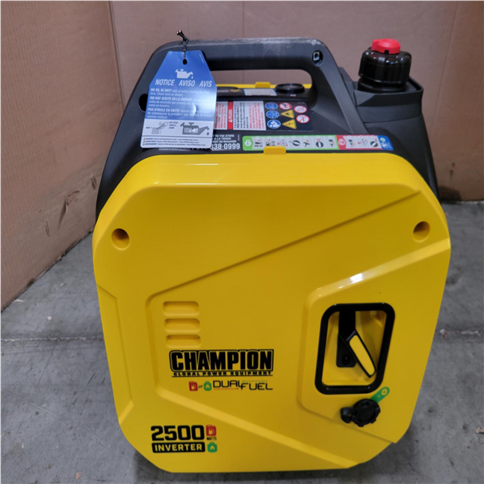 CALIFORNIA AS-IS CHAMPION 2500/1850-Watt Recoil Start Gasoline/Propane Powered Dual Fuel Inverter Generator with Quiet Technology and CO Shield