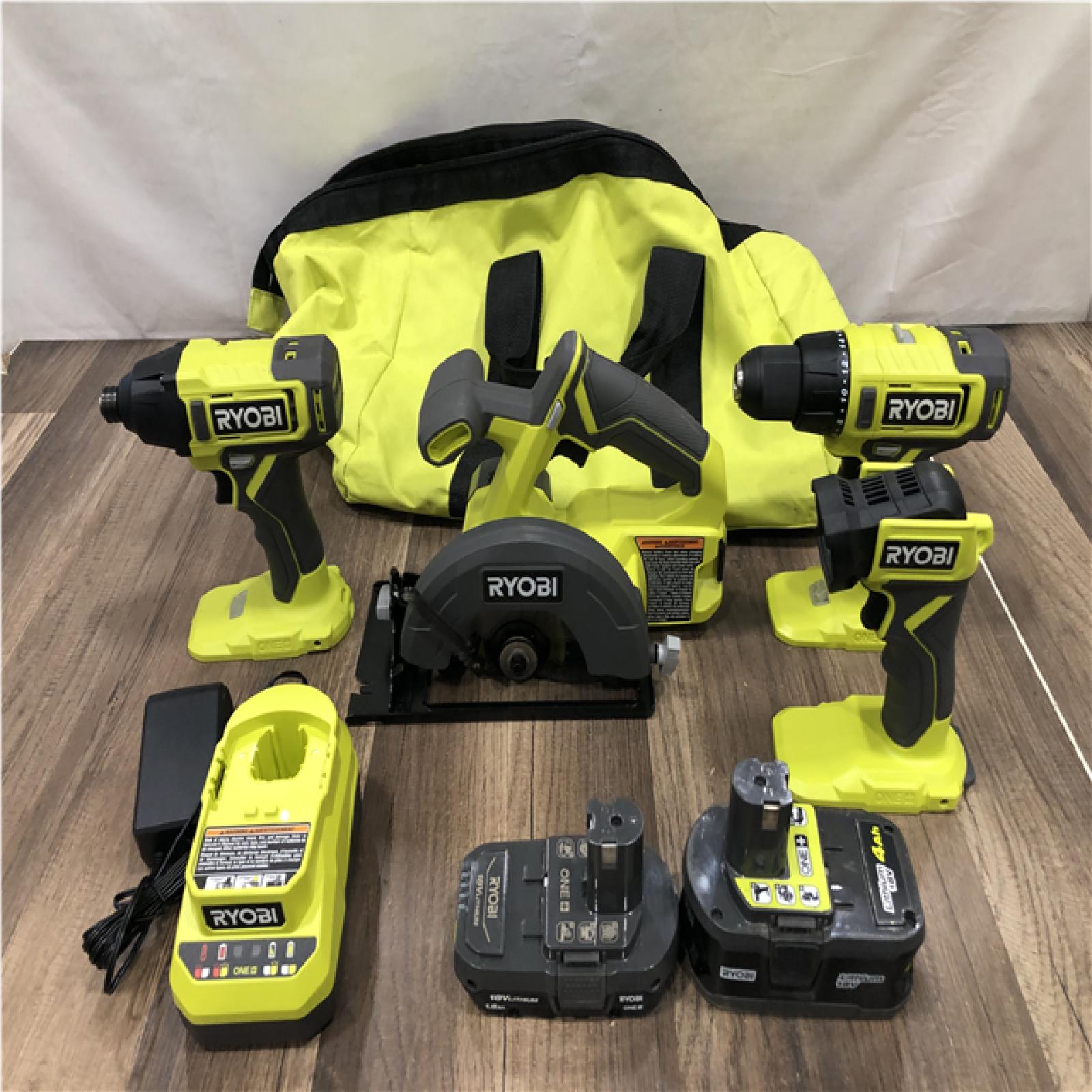 AS-IS RYOBI ONE+ 18V Cordless 4-Tool Combo Kit with 1.5 Ah Battery  4.0 Ah Battery  and Charger