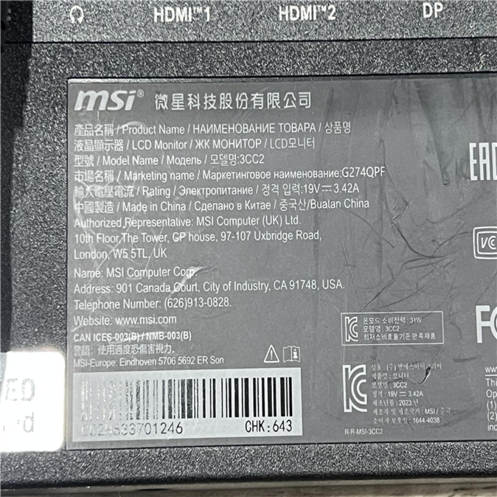 AS-IS MSI G274QPF-QD Gaming Monitor 27