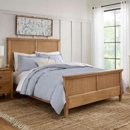 Phoenix LIKE NEW Home Decorators Collection Marsden Patina Wood Finish Wooden Rattan Cane Queen Bed (65 in. W x 54 in. H)