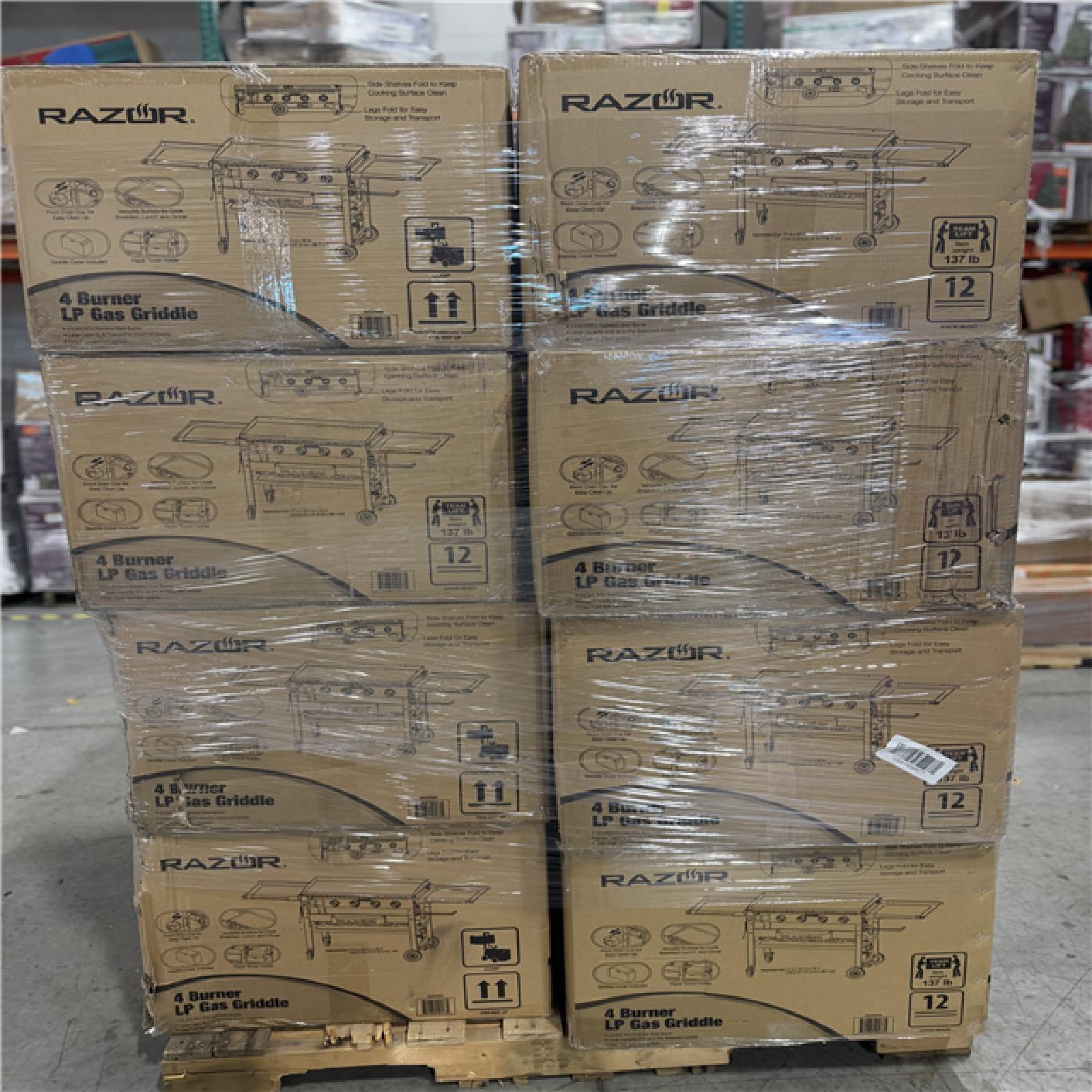 DALLAS LOCATION - Razor 37 in. 4-Burner Portable Propane Gas Griddle Flat Top Grill in Black with Foldable Shelves and Cover PALLET- (8 UNITS)