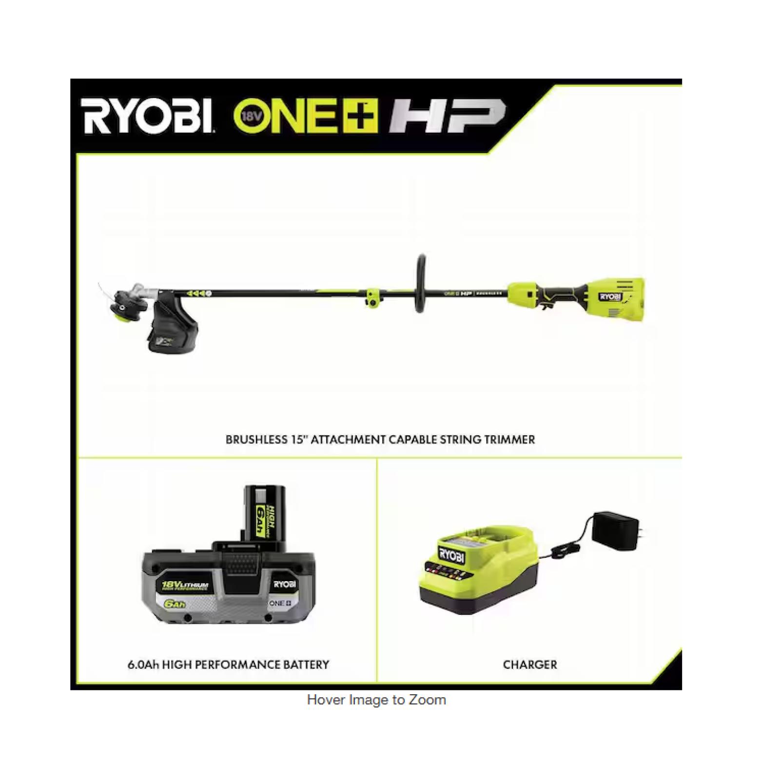 NEW! - RYOBI ONE+ HP 18V Brushless 15 in. Attachment Capable String Trimmer with 6.0 Ah Battery and Charger