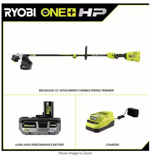 NEW! - RYOBI ONE+ HP 18V Brushless 15 in. Attachment Capable String Trimmer with 6.0 Ah Battery and Charger