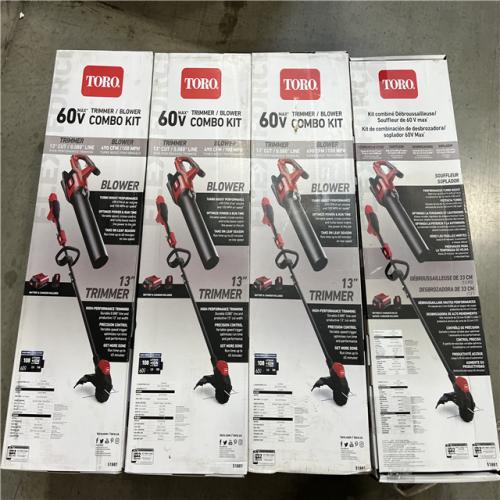 DALLAS LOCATION - NEW! TORO 60V MAX* 2-Tool Combo Kit: 100 mph Leaf Blower & 13 in. String Trimmer with 2.0Ah Battery PALLET - (4 UNITS)