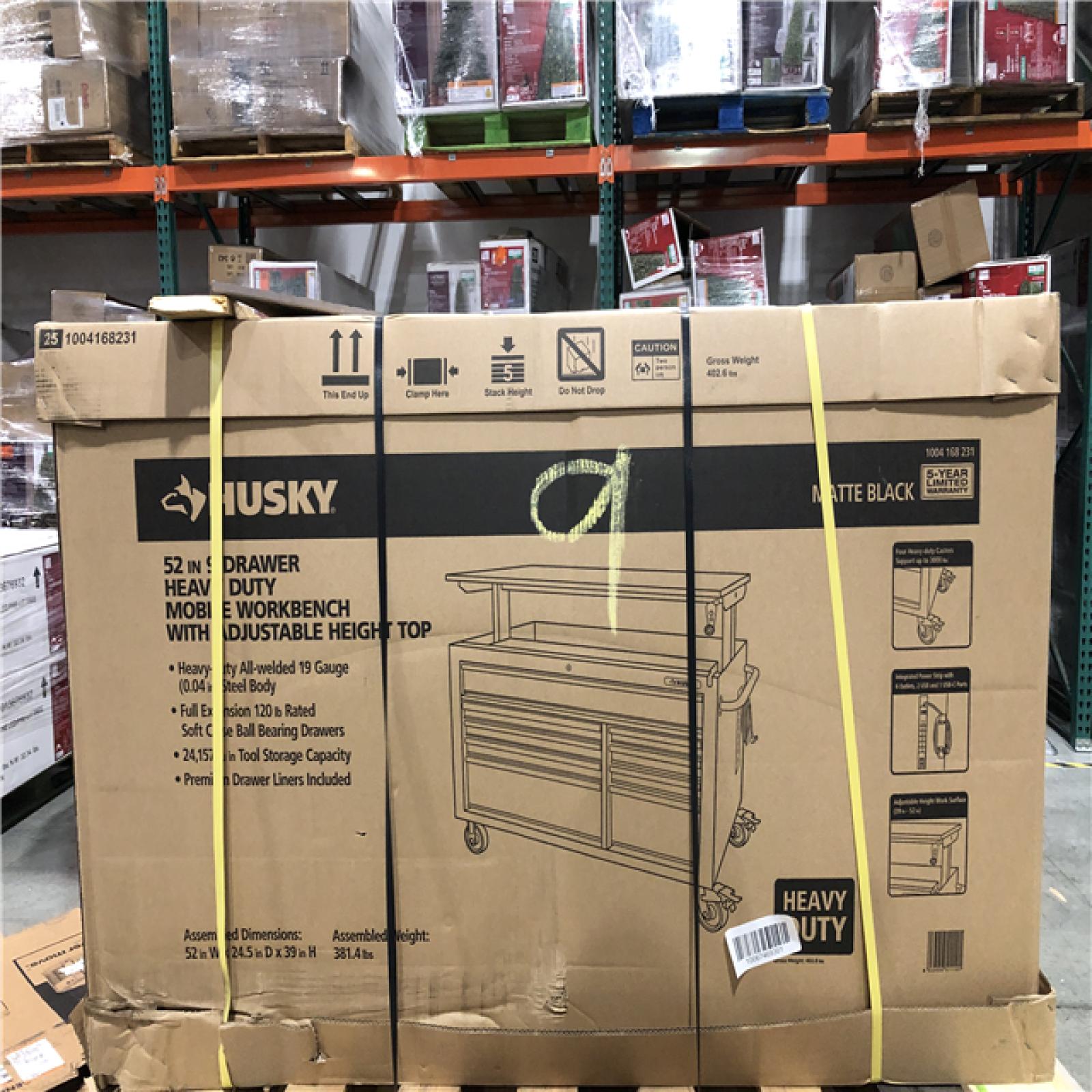 DALLAS LOCATION - Husky 52 in. W x 25 in. D Heavy Duty 9-Drawer Mobile Workbench Cabinet with Adjustable-Height Hardwood Top in Matte Black