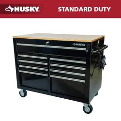 Phoenix NEW Husky 46 in. x 25 in. D 9-Drawer Mobile Workbench with Adjustable Height Wood Top in Gloss Black
