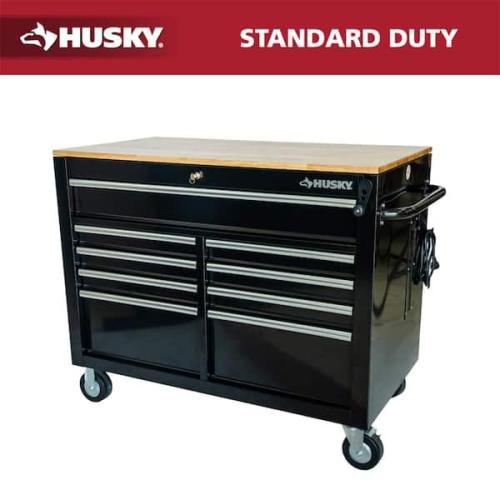 Phoenix NEW Husky 46 in. x 25 in. D 9-Drawer Mobile Workbench with Adjustable Height Wood Top in Gloss Black