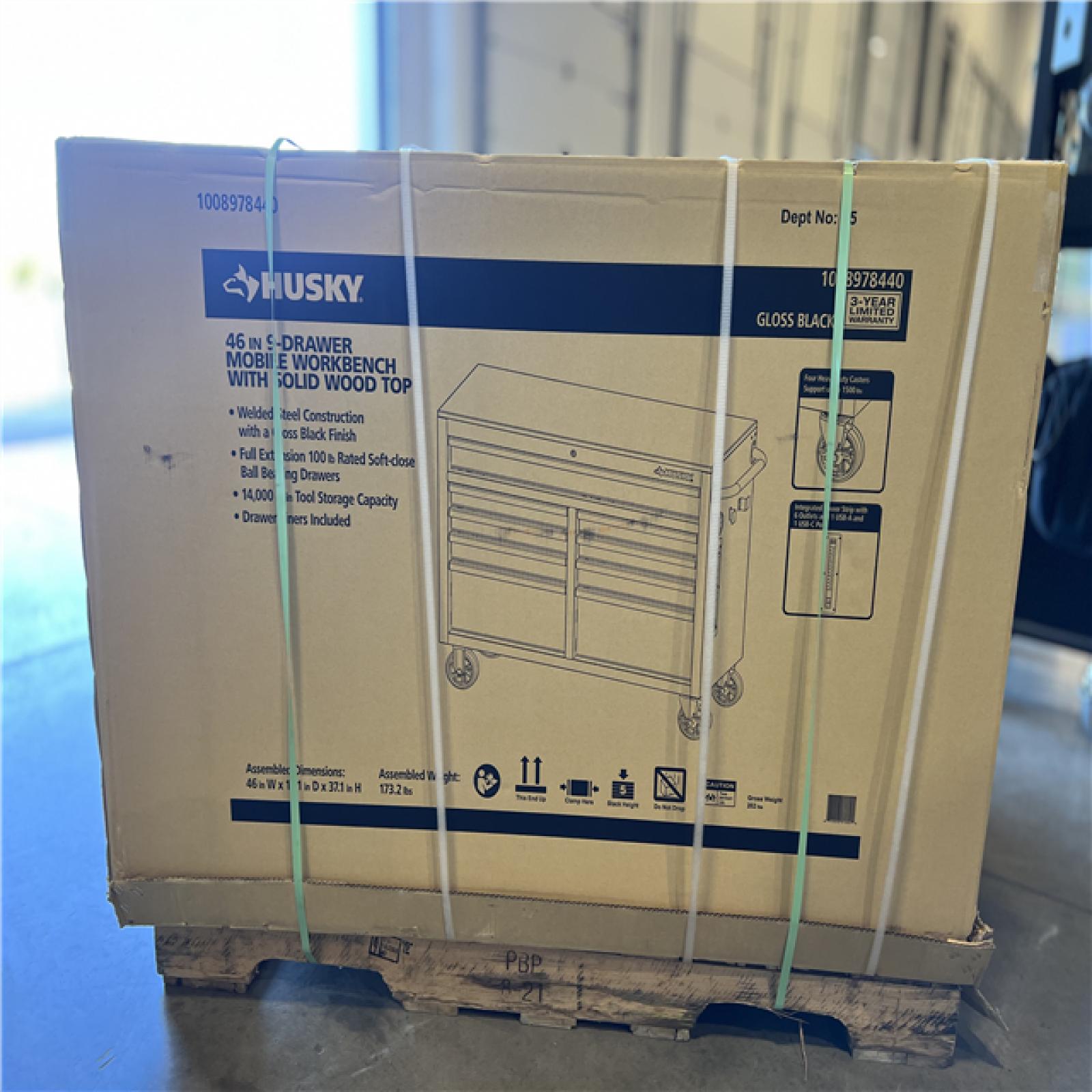 DALLAS LOCATION - Husky Tool Storage 46 in. W x 18 in. D 9-Drawer Mobile Workbench Cabinet in Gloss Black PALLET -(2 UNITS)