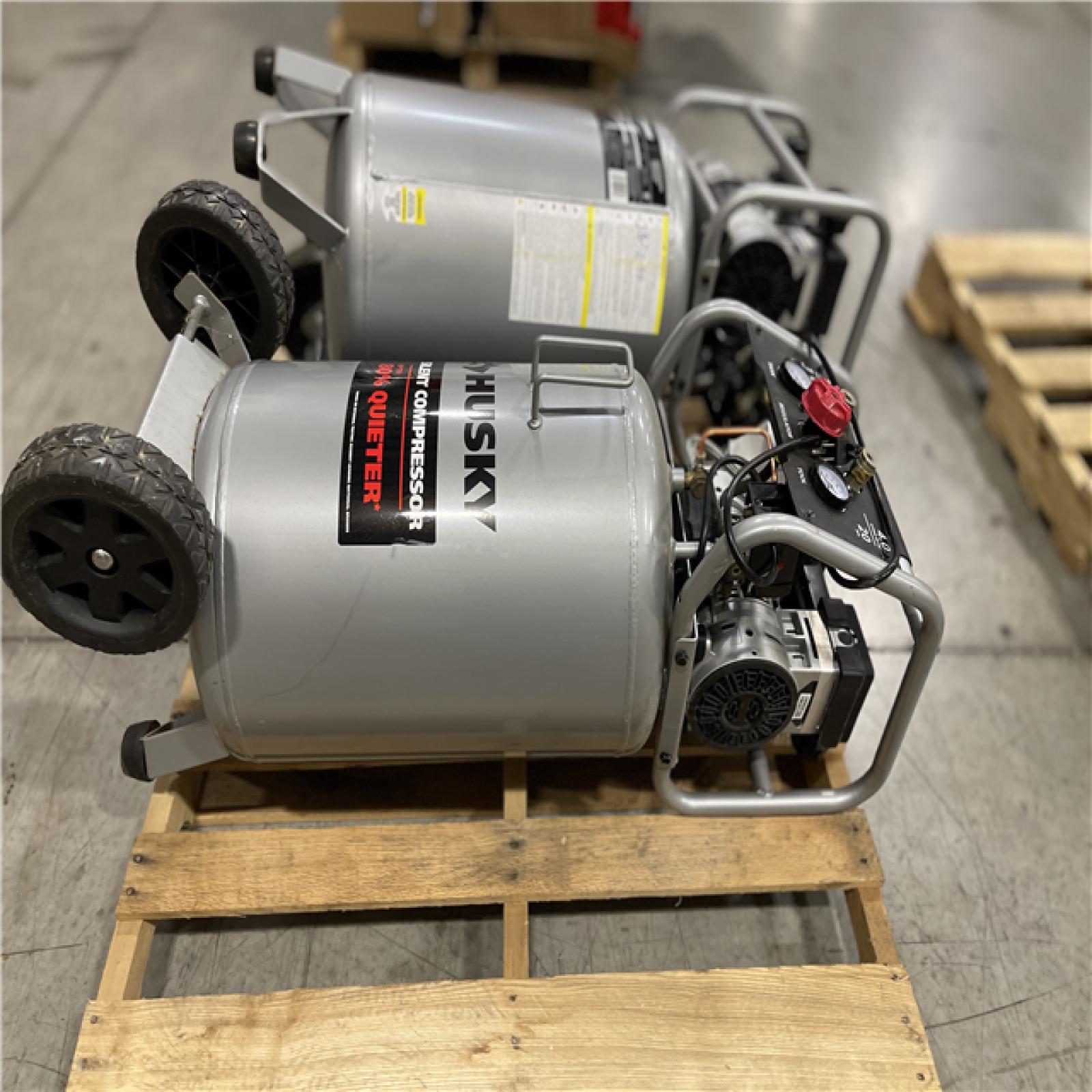 DALLAS LOCATION - Husky 20 Gal.165 PSI Vertical Electric Oil-Free Quiet Auto/Workshop Air Compressor PALLET-(2 UNITS)