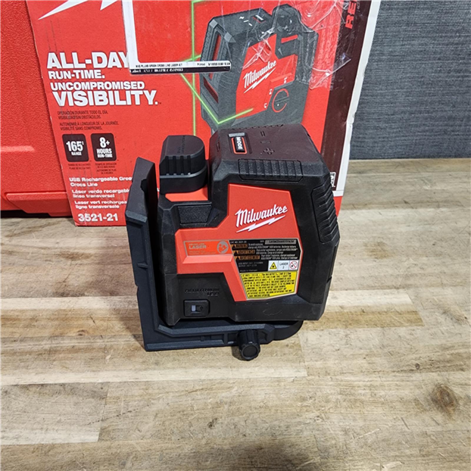 HOUSTON LOCATION - AS-IS MILWAUKEE 100 Ft. REDLITHIUM Lithium-Ion USB Green Rechargeable Cross Line Laser Level with Charger