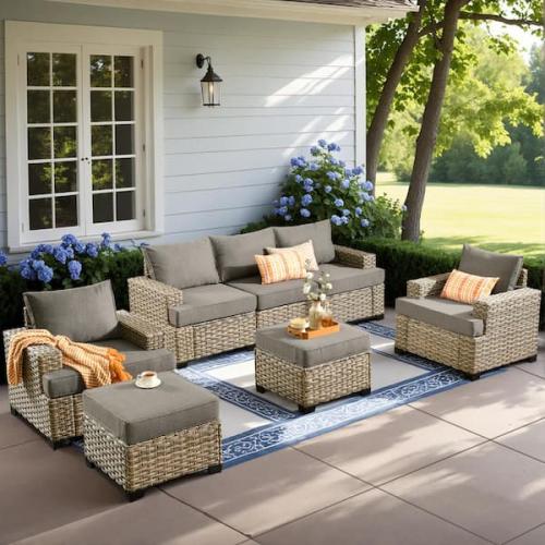 Phoenix HOOOWOOO Merritt 7-Piece Wicker Modern Outdoor Patio Conversation Sofa Seating Furniture Set with Dark Grey Cushions