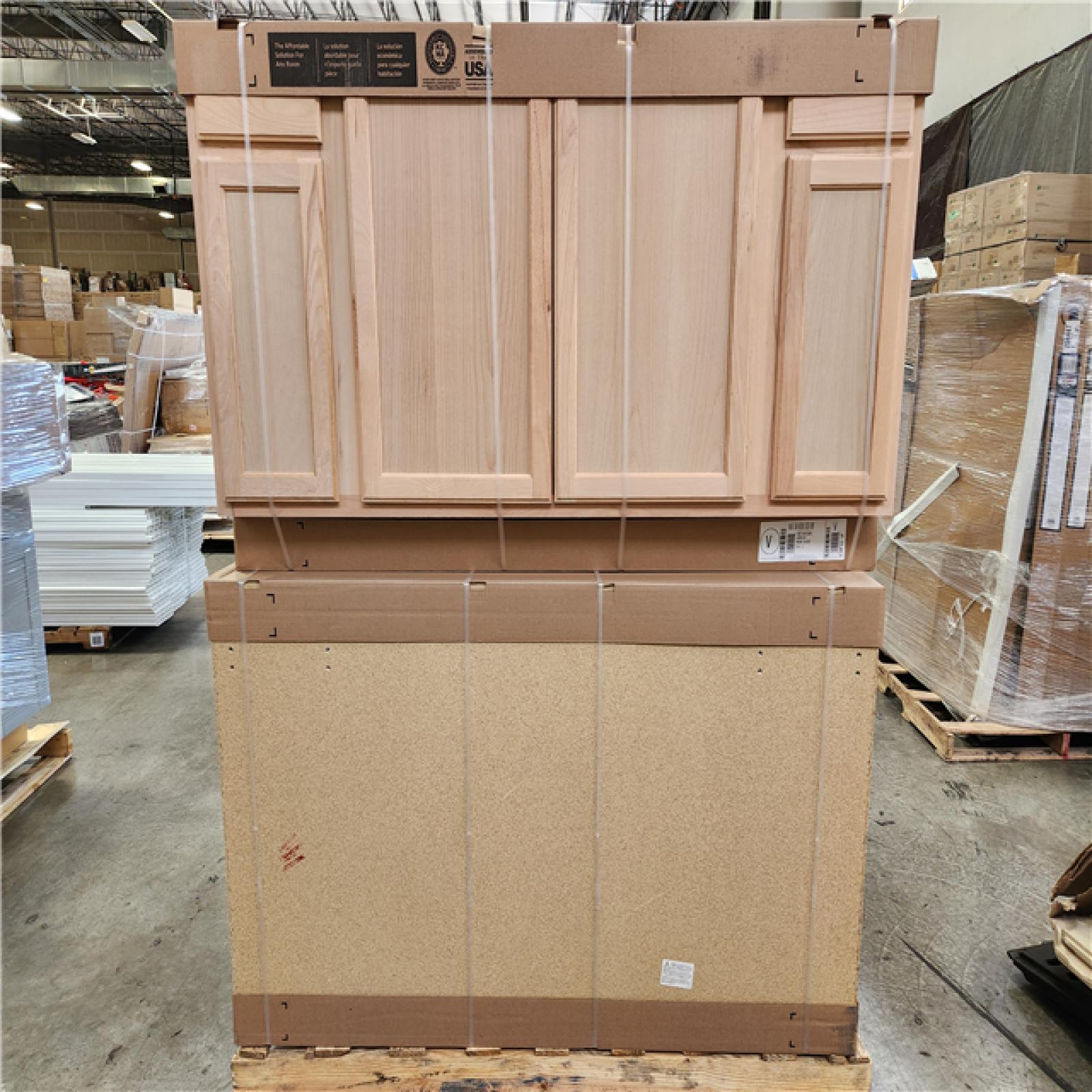 Phoenix Location NEW Hampton Bay 60 in. W x 24 in. D x 34.5 in. H Assembled Sink Base Kitchen Cabinet in Unfinished with Recessed Panel Pallet (4-Cabinets)