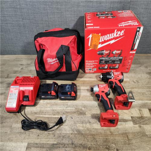 HOUSTON LOCATION - AS-IS Milwaukee M18 18V Lithium-Ion Brushless Cordless Compact Drill/Impact Combo Kit (2-Tool) W/(2) 2.0 Ah Batteries  Charger & Bag