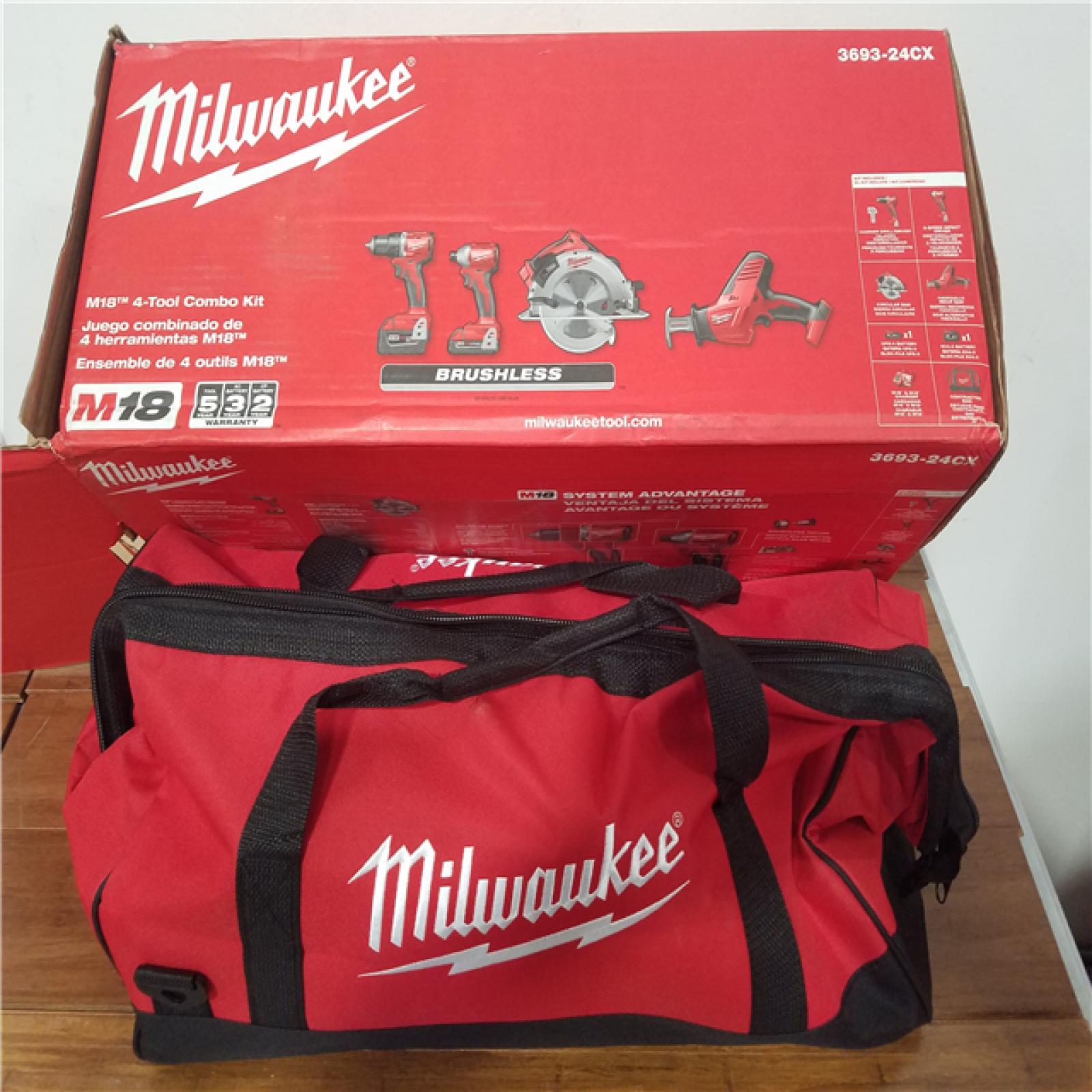 California AS-IS Milwaukee M18 4-Tool Combo Kit  Includes (2) Batteries  Charger and Bag; Appears in Like New Condition
