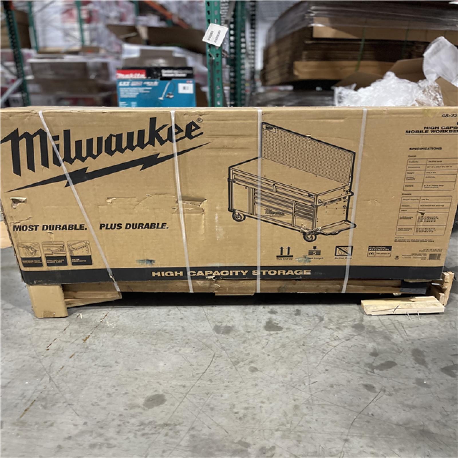 DALLAS LOCATION- Milwaukee High-Capacity 61 in. W x 22 in. D 11-Drawer Mobile Workbench Cabinet with Solid Wood Top and Pegboard