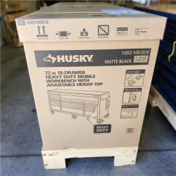 DALLAS LOCATION- Husky 72 in. W x 24 in. D Heavy Duty 18-Drawer Mobile Workbench Cabinet with Adjustable-Height Hardwood Top in Matte Black