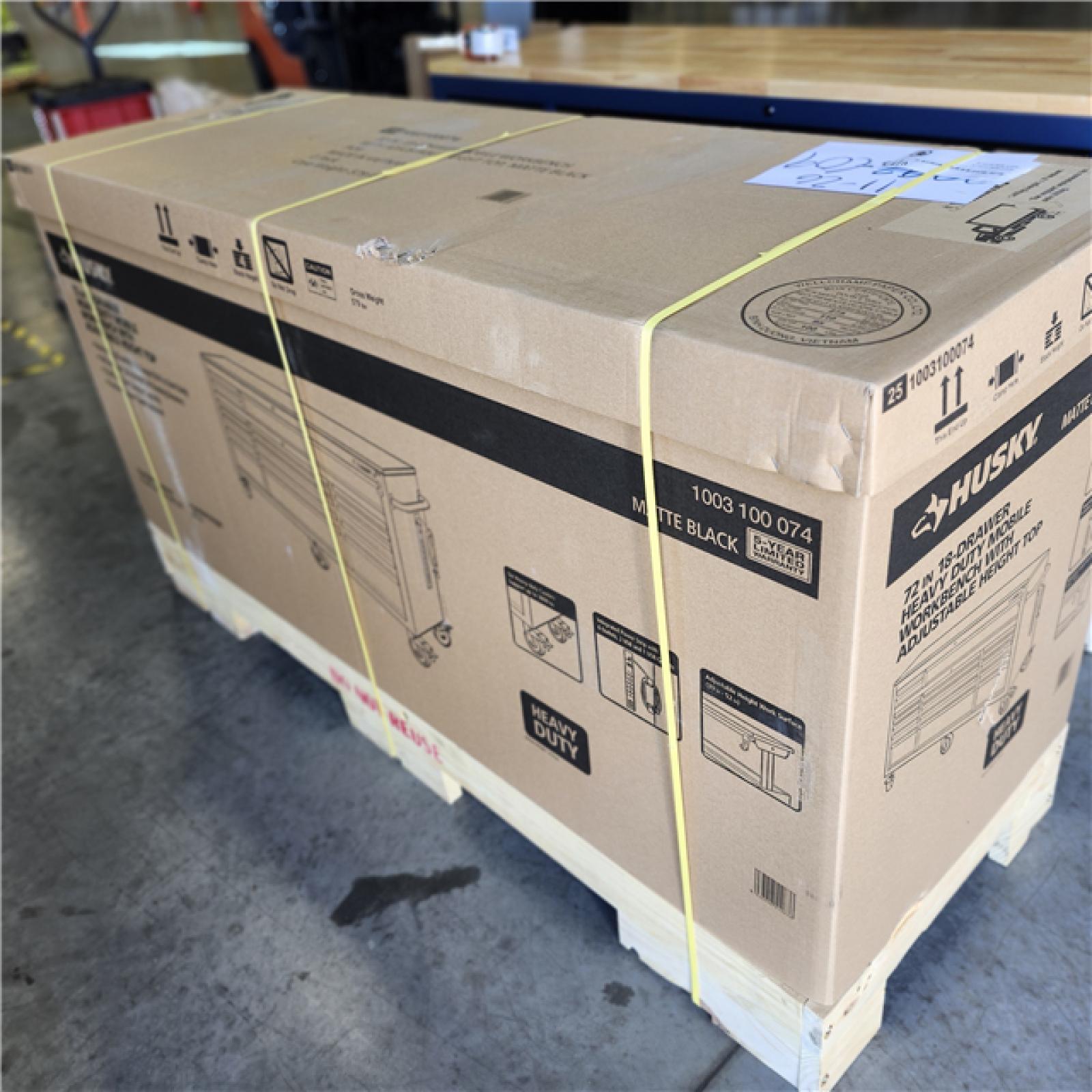 DALLAS LOCATION- Husky 72 in. W x 24 in. D Heavy Duty 18-Drawer Mobile Workbench Cabinet with Adjustable-Height Hardwood Top in Matte Black