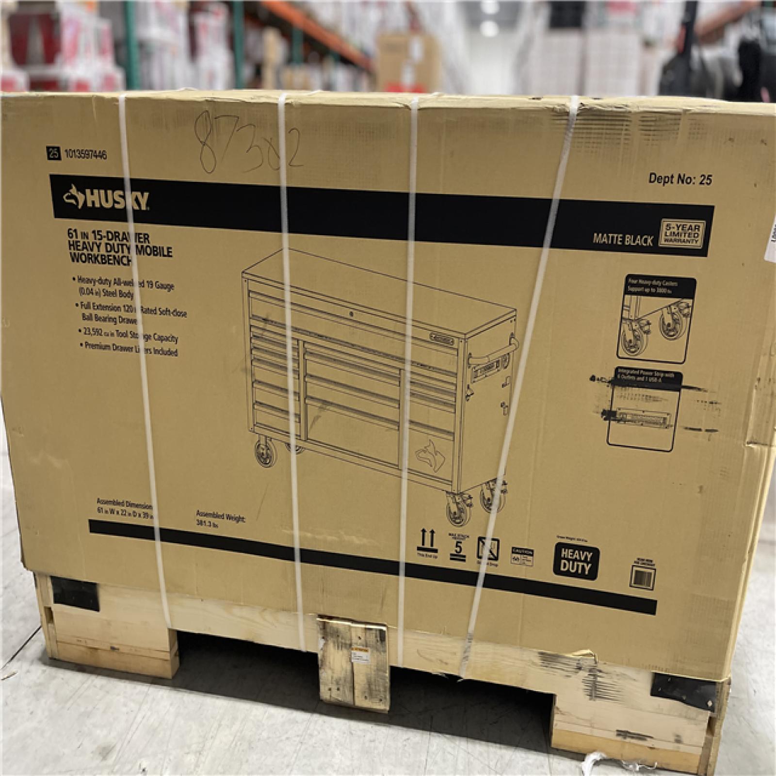 DALLAS LOCATION - Husky Heavy-Duty 61 in. W x 23 in. D 15-Drawer Matte Black Mobile Workbench Cabinet with Solid Wood Top