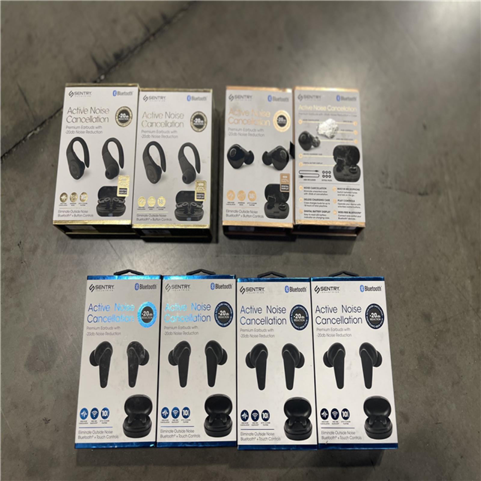 DALLAS LOCATION - NEW SENTRY INDUSTRIES MIXED WIRELESS EARBUDS (LOT OF 8)