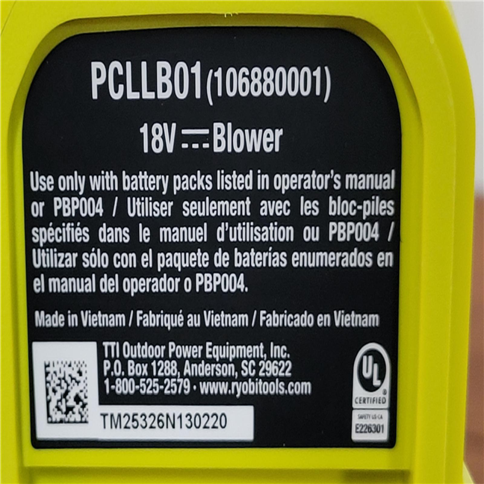 California NEW Ryboi One+ 18V 250 CFM Blower Kit  Includes (1) Battery & Charger