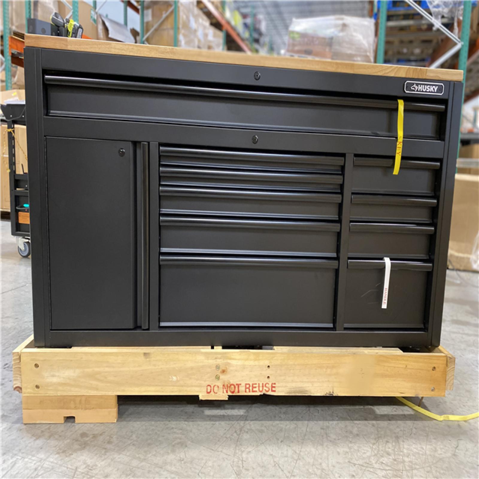 DALLAS LOCATION - Husky 61 in. W x 26 in. D Heavy Duty 10-Drawer 1-Door Mobile Workbench with Hardwood Top, Pegboard and Shelf in Matte Black