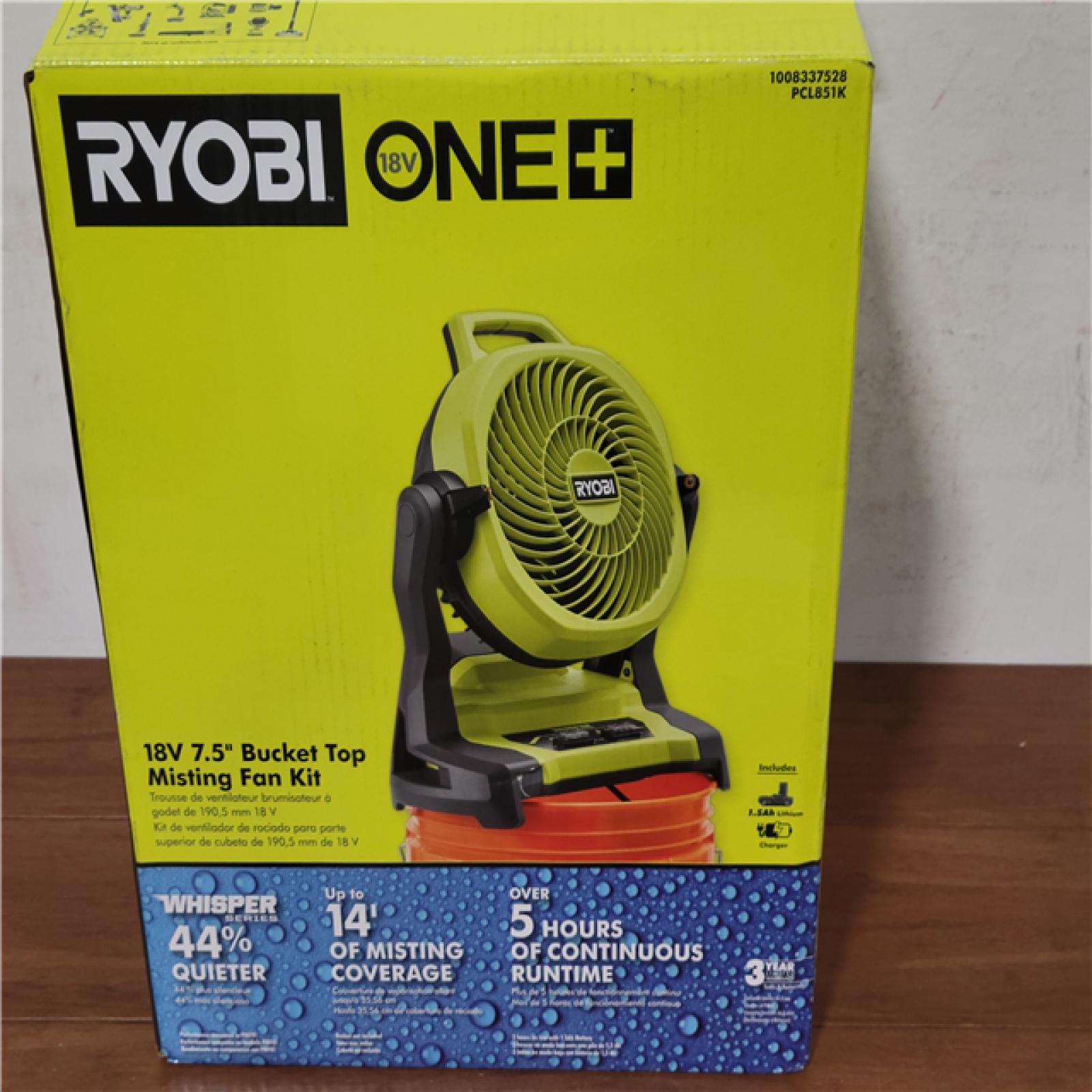 California NEW Ryobi One+ 18V 7.5 Bucket Top Misting Fan Kit  Includes (1) Battery & Charger