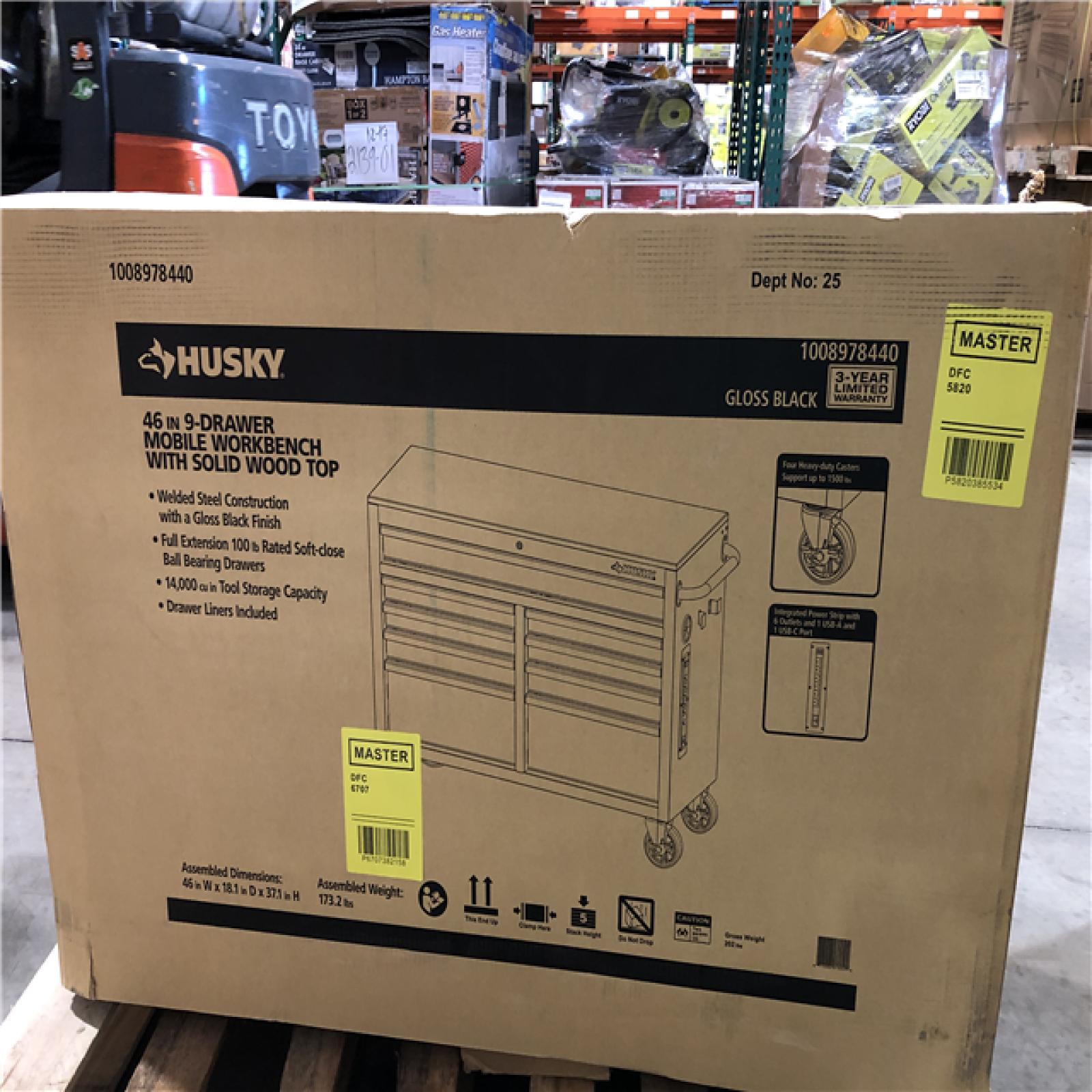 DALLAS LOCATION- Husky Tool Storage 46 in. W x 18 in. D 9-Drawer Mobile Workbench Cabinet in Gloss Black