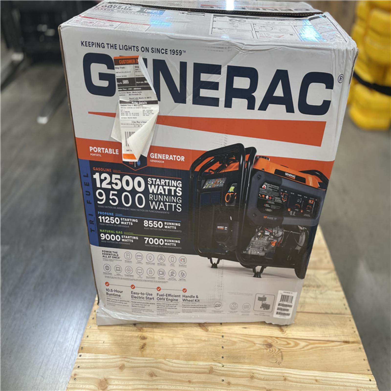 DALLAS LOCATION- GENERAC 12 500/9500-Watt Electric Start Tri Fuel Portable Generator