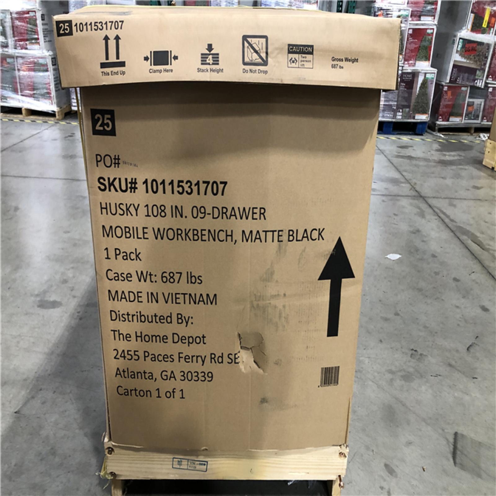 DALLAS LOCATION - Husky 108 in. W x 24 in. D 9-Drawer Heavy-Duty Mobile Workbench with Stainless Steel Top in Matte Black