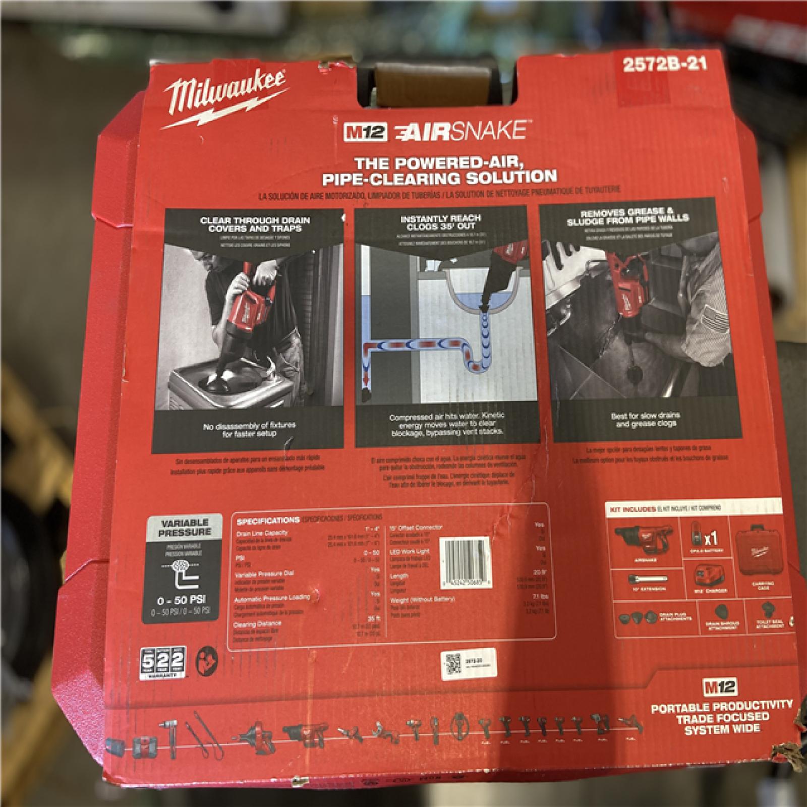 LIKE NEW! - Milwaukee M12 12V Lithium-Ion Cordless Drain Cleaning Airsnake Air Gun Kit with (2) 2.0 Ah Batteries  Toilet Attachments