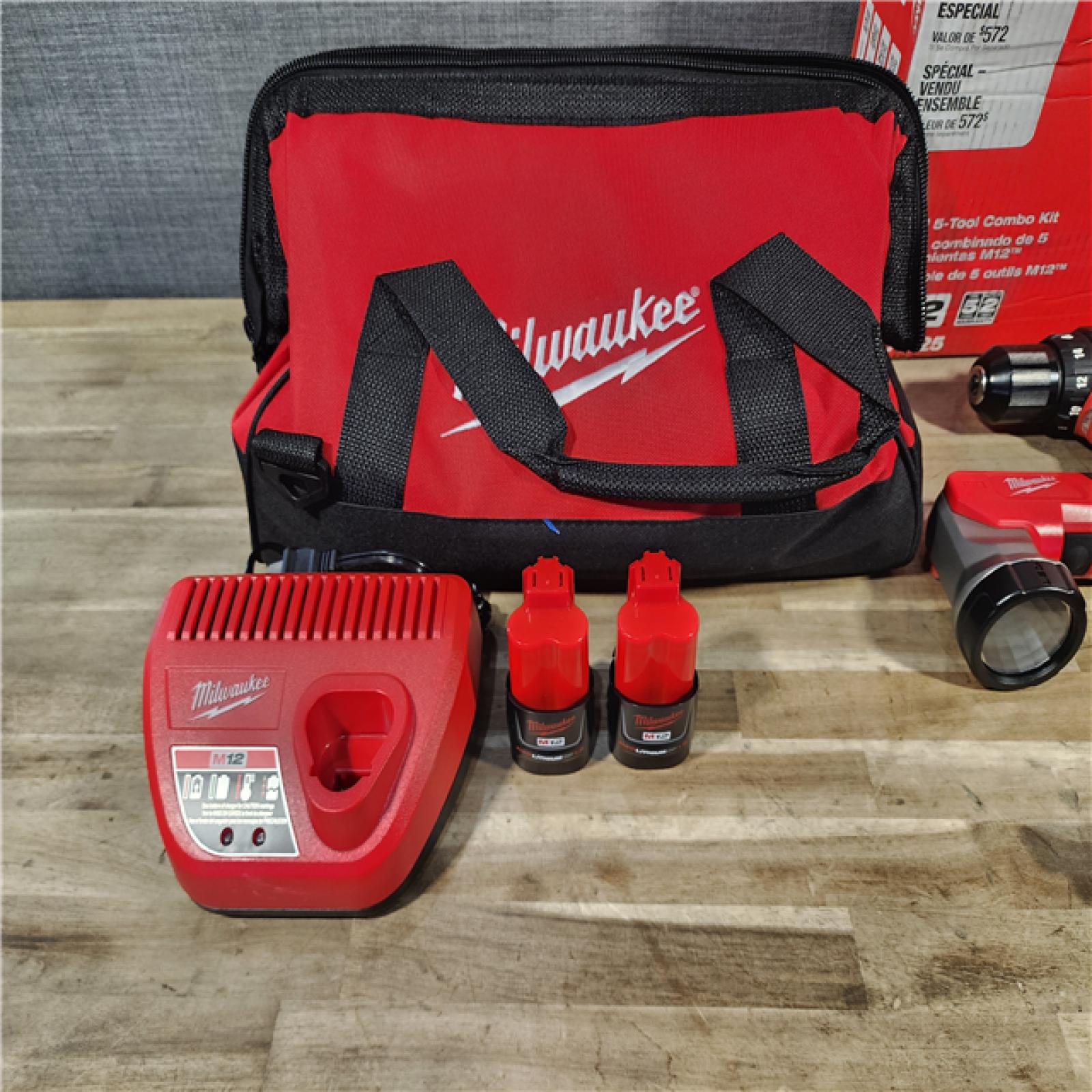 HOUSTON LOCATION - AS-IS (APPEARS LIKE NEW) MILWAUKEE M12 12V Lithium-Ion Cordless Combo Kit (5-Tool) with Two 1.5Ah Batteries, Charger & Tool Bag