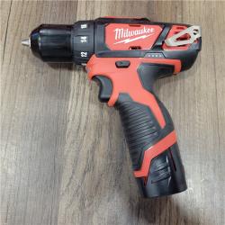 AS-IS MILWAUKEE M12 12V Lithium-Ion Cordless 3/8 in. Drill/Driver Kit with Two 1.5 Ah Batteries, Charger and Tool Bag