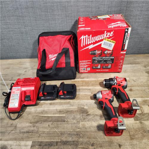 HOUSTON LOCATION - AS-IS Milwaukee M18 18V Lithium-Ion Brushless Cordless Compact Drill/Impact Combo Kit (2-Tool) W/(2) 2.0 Ah Batteries, Charger & Bag