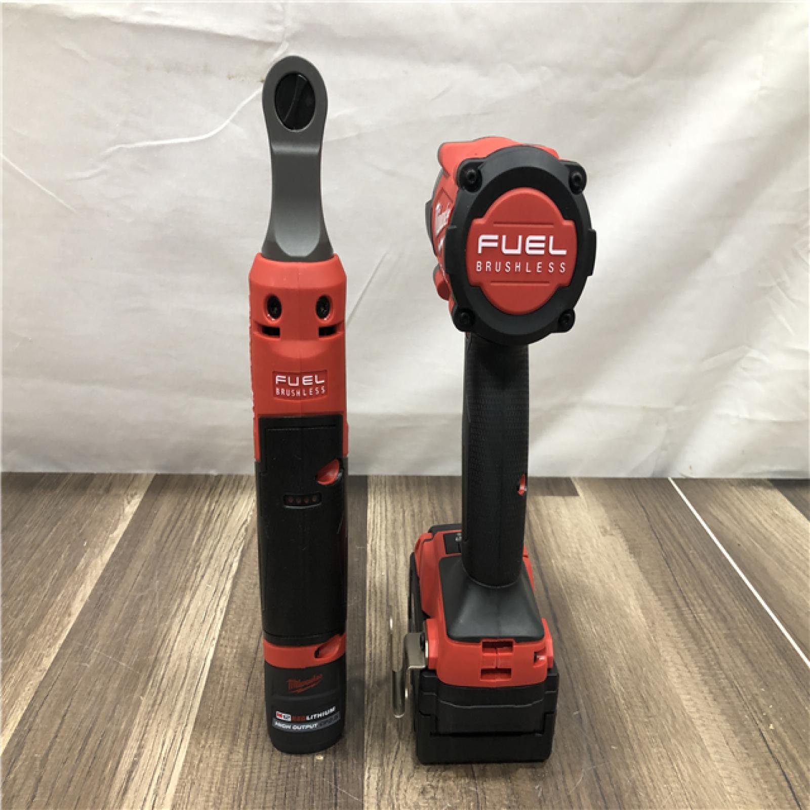 AS-IS Milwaukee FUEL 18V Cordless Mid Torque 1/2 in. Impact Wrench w/ M12 FUEL 3/8 in. Ratchet & Battery/Charger Combo Kit