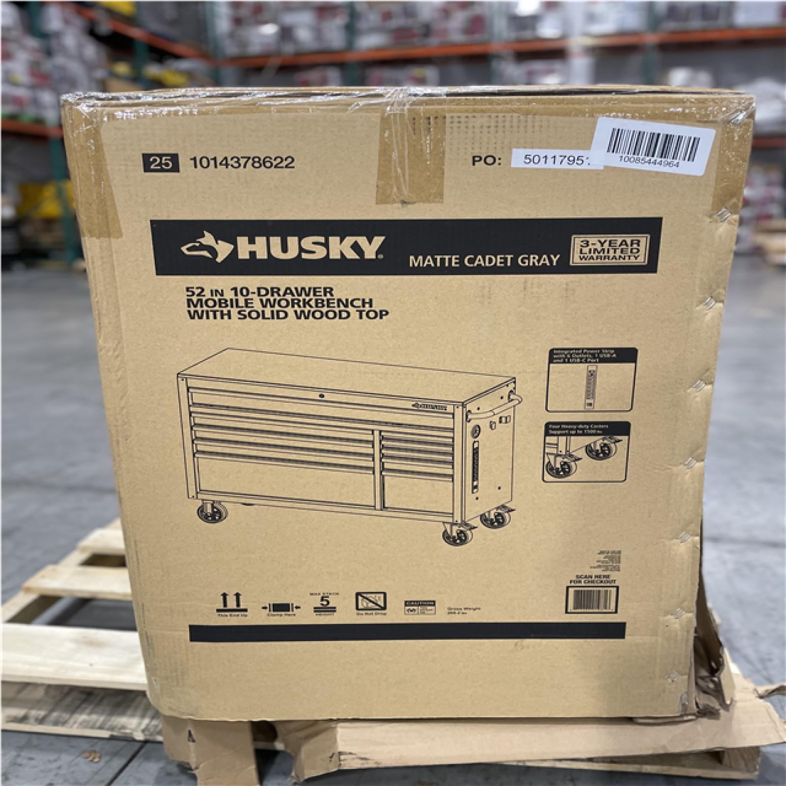DALLAS LOCATION- AS-IS HUSKY 52IN. 10 DRAWER MOBILE WORKBENCH WITH SOLID WOOD TOP
