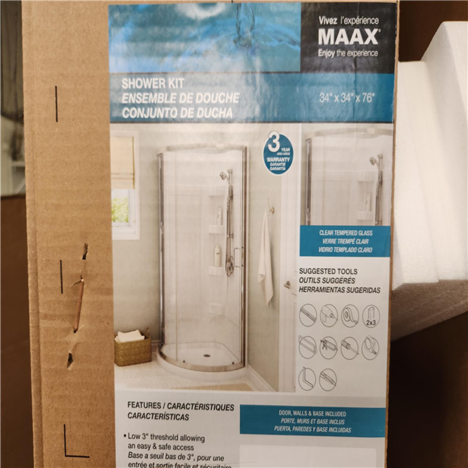 Phoenix 2 NEW MAAX Cyrene 34 in.x 76 in. Off-Center Corner Shower Kit w/Semi-Frameless Clear Sliding Door Base and Wall Kit in White,Chrome