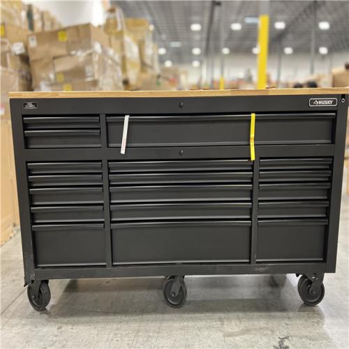 DALLAS LOCATION - Husky 72 in. W x 24 in. D Heavy Duty 18-Drawer Mobile Workbench Cabinet with Adjustable-Height Hardwood Top in Matte Black