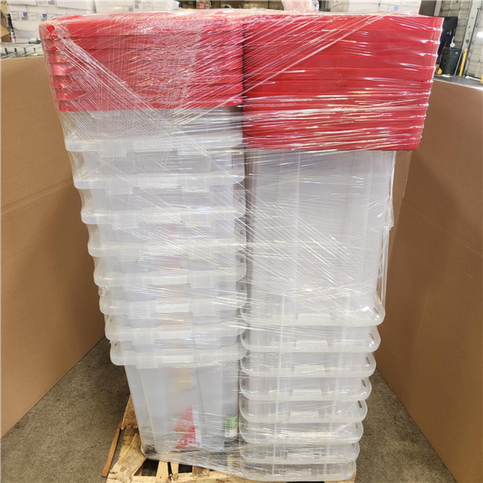 Phoenix AS-IS HDX 77 Gal. Tough Storage Tote with Wheels in Clear with Red Lid Pallet (16-Totes)