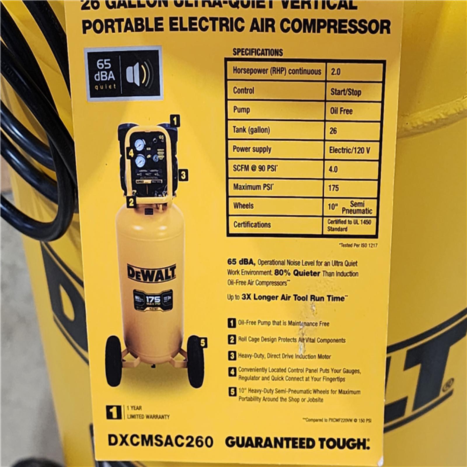 HOUSTON LOCATION - AS-IS DEWALT 26 Gal. 175 PSI Ultra Quiet Portable Electric Air Compressor