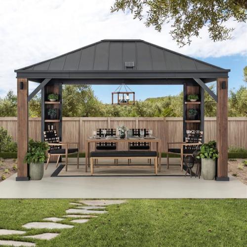 Phoenix Location Sunjoy Elmgrove 12 ft. x 14 ft. Cedar Frame and Steel Hardtop Gazebo with LED Lighting and Bluetooth Sound and Storage Racks