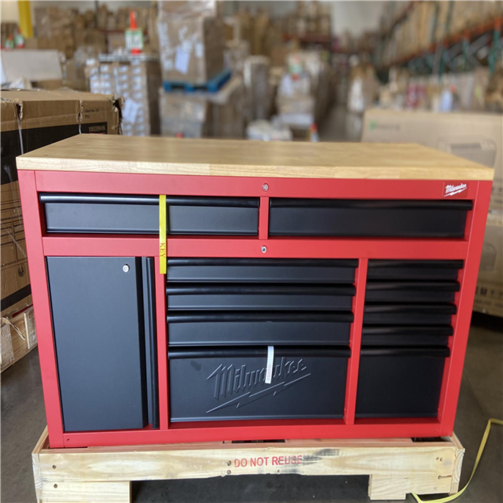 DALLAS LOCATION -  Milwaukee 61 in. 11-Drawer/1-Door 22 in. D Mobile Workbench with Sliding Pegboard Back Wall in Red/Black