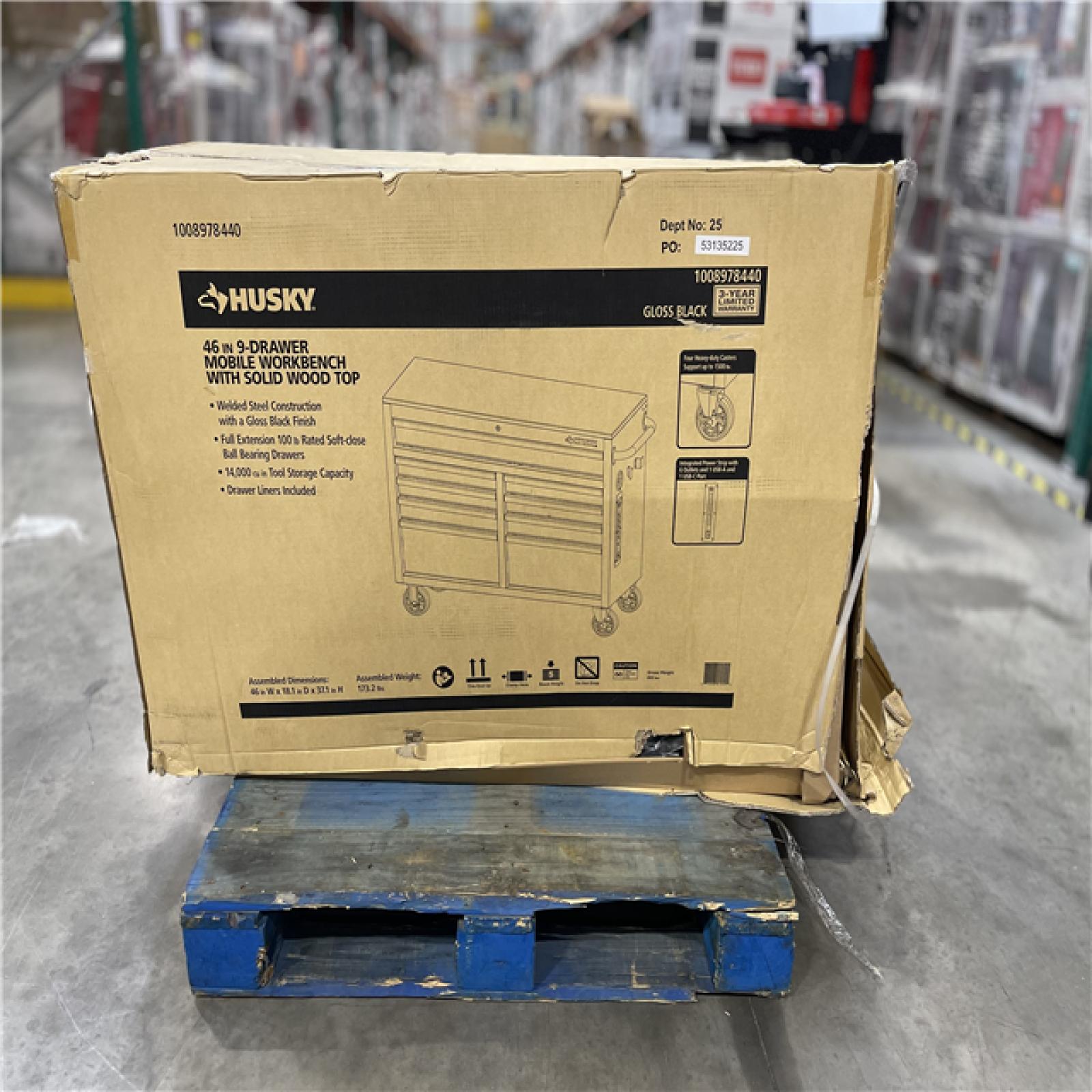 DALLAS LOCATION - Husky Tool Storage 46 in. W x 18 in. D 9-Drawer Mobile Workbench Cabinet in Gloss Black