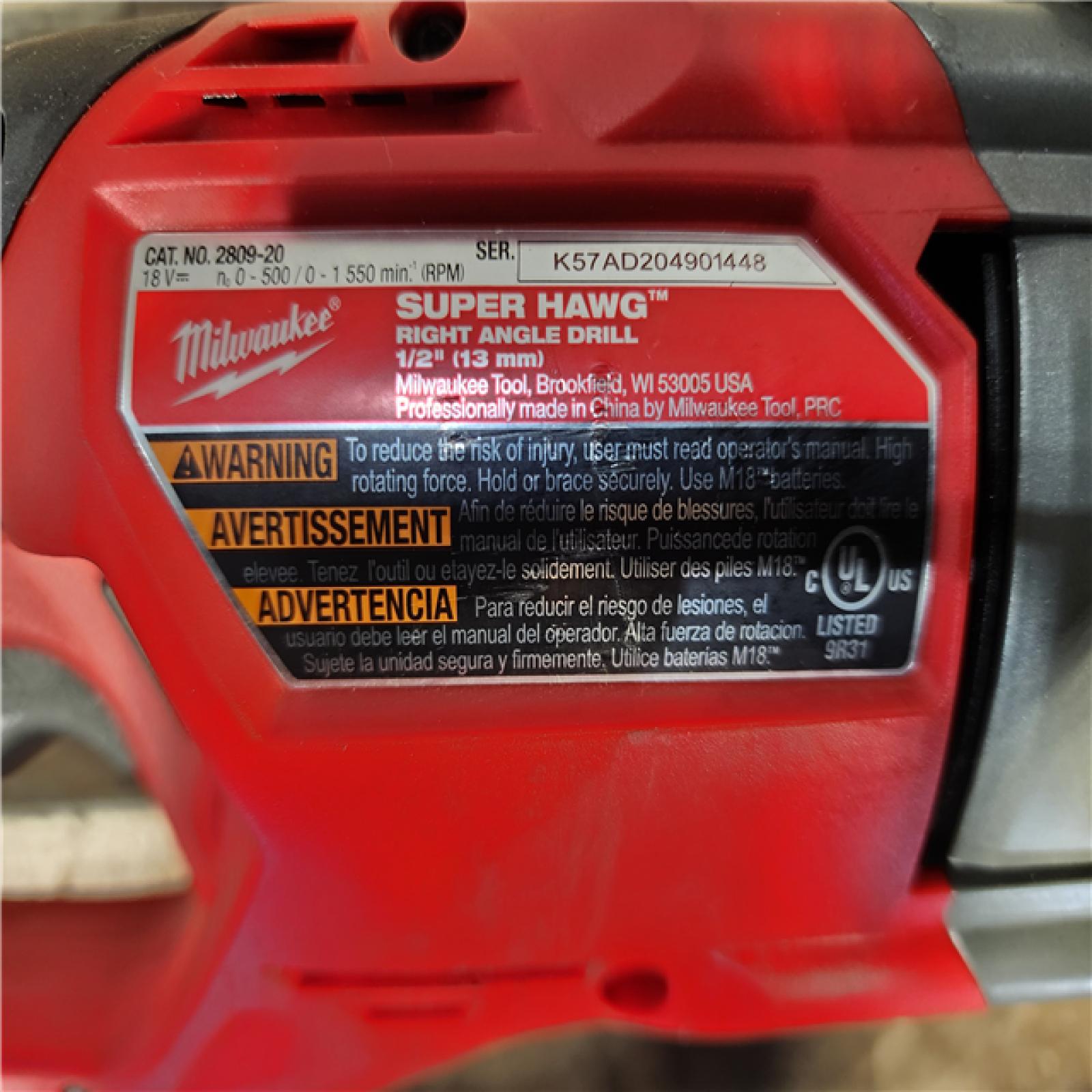 HOUSTON LOCATION - AS-IS Milwaukee M18 18V Fuel 1/2 Right Angle Drill Super Hawg Cordless Lithium-Ion 2809-20 (TOOL ONLY)