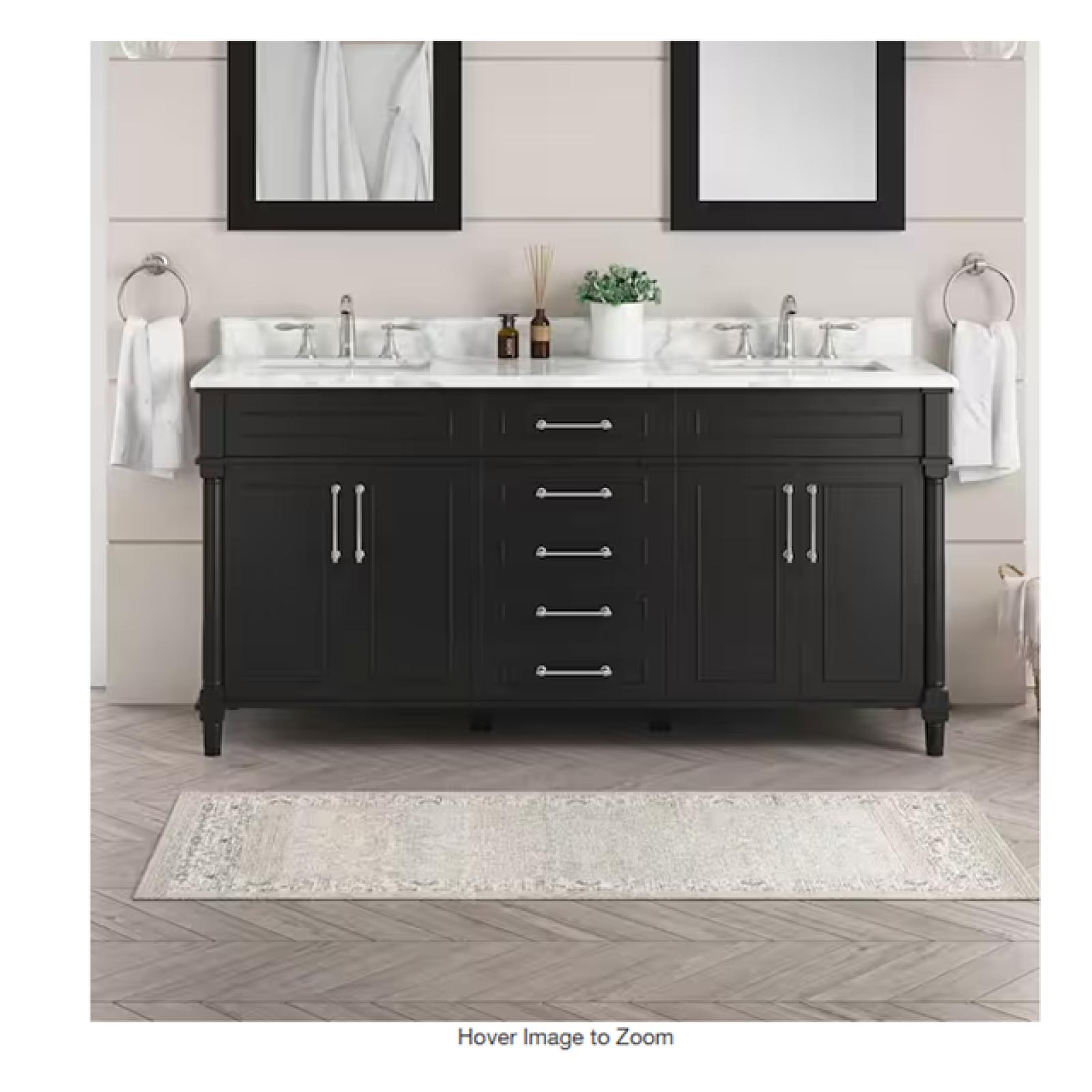 DALLAS LOCATION - Home Decorators Collection Aberdeen 72 in. Double Sink Black Bath Vanity with Carrara Marble Top (Assembled)