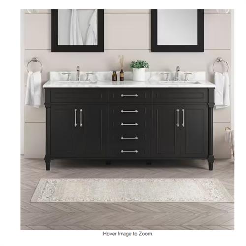 DALLAS LOCATION - Home Decorators Collection Aberdeen 72 in. Double Sink Black Bath Vanity with Carrara Marble Top (Assembled)
