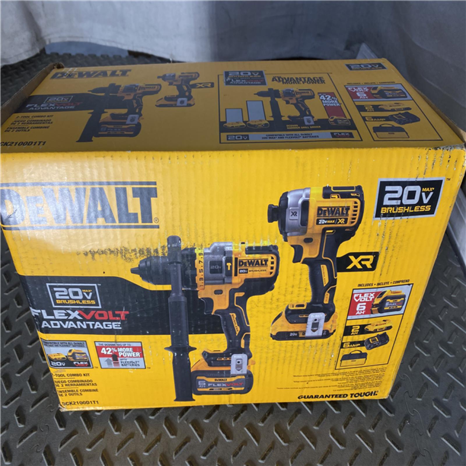 Houston location AS-IS DEWALT 20V MAX Cordless Brushless Hammer Drill/Driver 2 Tool Combo Kit with FLEXVOLT ADVANTAGE