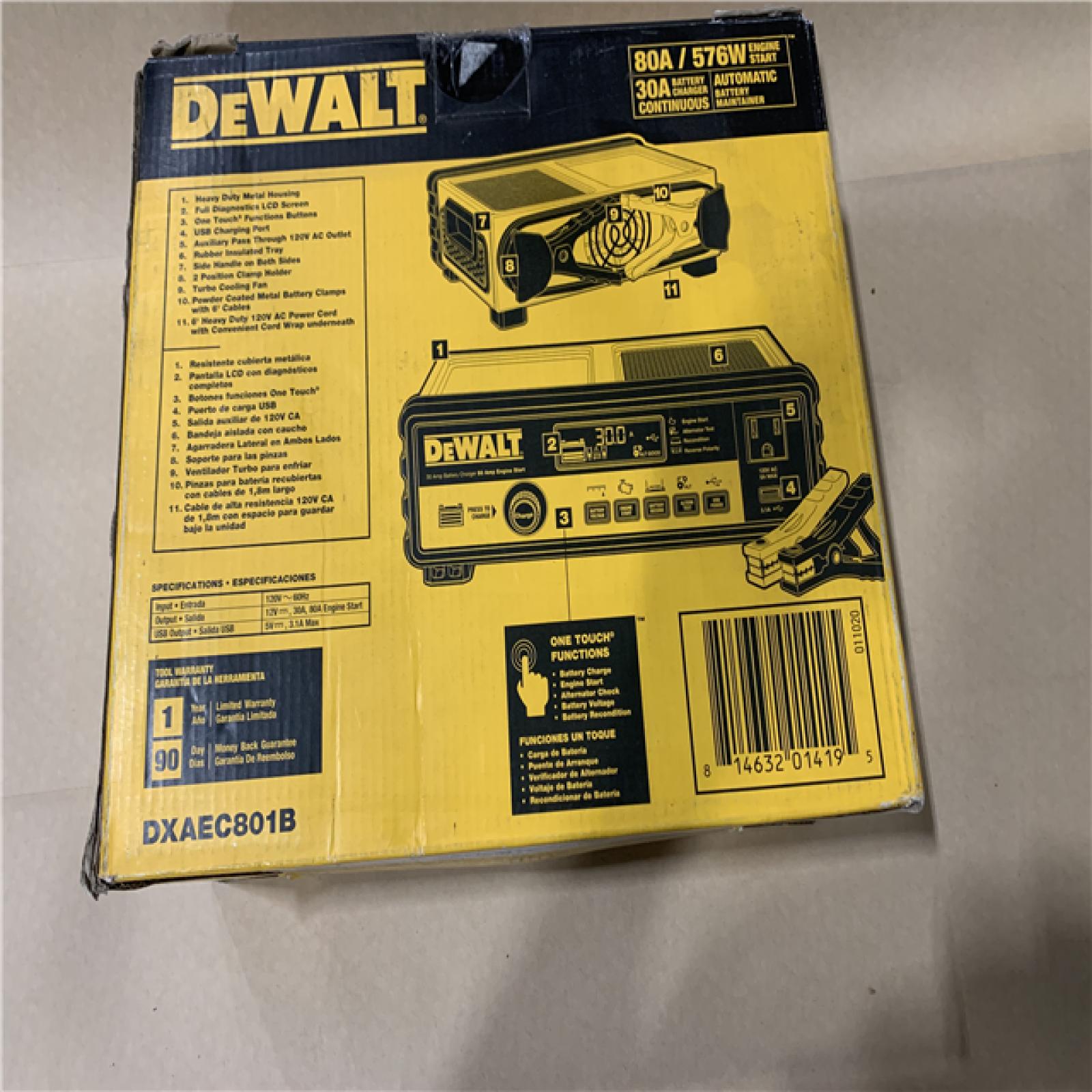 New - DEWALT 30 Amp Automotive Portable Car Battery Charger with 80 Amp Engine Start and Alternator Check